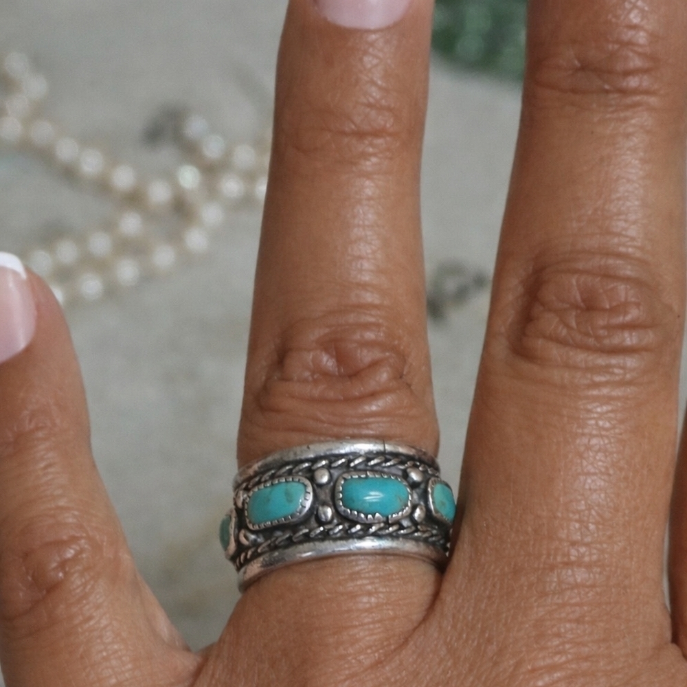 Vintage Sterling Silver Turquoise Boho Statement Band Ring - Picture 6 of 9